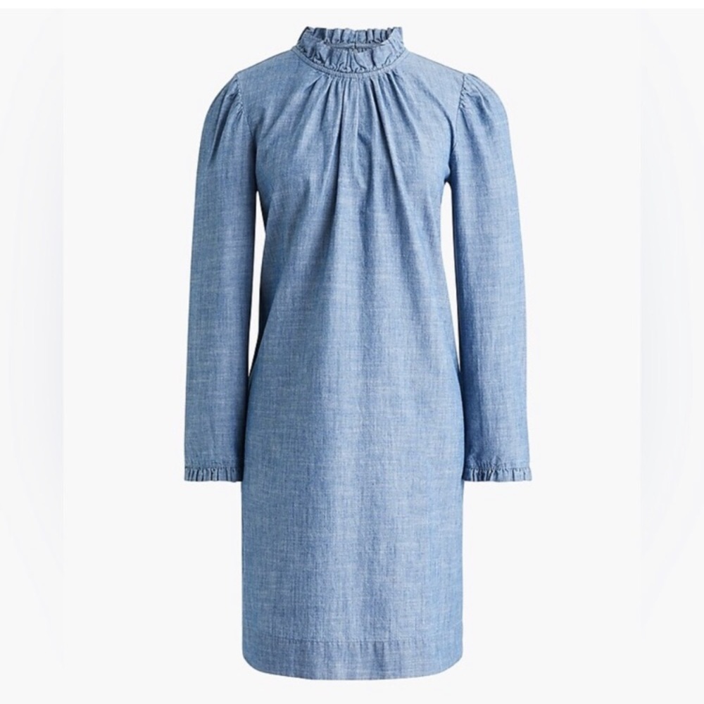 NWOT J Crew Chambray Ruffle Neck Dress